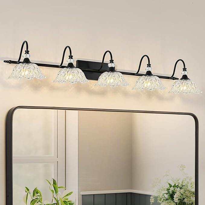 Black Bathroom Vanity Light, 5-Light Vanity Light with Crystal Glass Shades, Vintage Farmhouse Vanity Lighting for Bathroom and Dressing Table