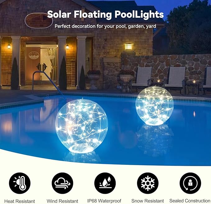 Solar Pool Lights Floating,Waterproof Magic LED Pool Decor with 7 Color Changing, Auto On/Off at Night,No Batteries Needed, Rechargeable for Outdoor Pools, Hot Tubs, Garden & Party Decor [2 Pack]