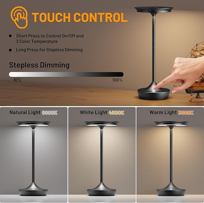 LED Cordless Table Lamps Rechargeable - Outdoor 6000mAh Battery Operated Portable Tables Light 3 Color Stepless Dimming Lamp with Memory Function for Patio Restaurant Dining Black