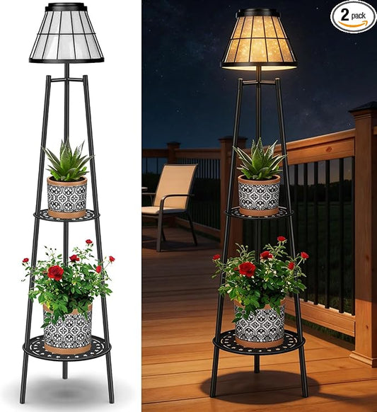 2 Pack Solar Floor Lamps Outdoor with 2-Tier Plant Stand, Metal Tall Planter Holder with Waterproof LED Lantern, Decorative Patio Light & Flower Pot Display Rack for Garden, Deck, Porch, Balcony