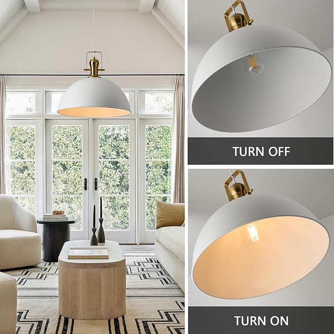 12 Inch Sandy White Farmhouse Pendant Lights for Kitchen Island Industrial Adjustable Height Vintage Dome Hanging Light Fixtures for Barn,Dining Room 1 Pack