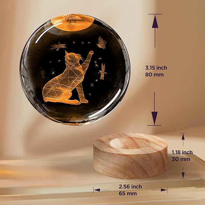 3D Cat Crystal Ball Night Light with Woodern Base, 3.15" Cat Figurines Glass Lamp with 16 Colors Cat Snow Globes Cool Desk Decor Cat Gifts for Women Girl Cat Lovers Kids Friends