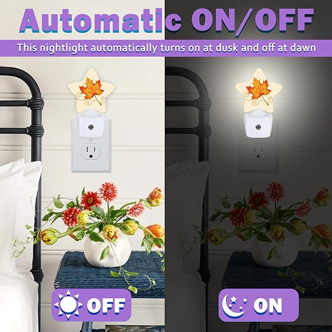 Energy Efficient Nightlights Plug in Wall, Fall Leaf Night Light for Kids Bedroom Decorative, Orange Maple Leaf Dusk-to-Dawn Sensor Sleep Friendly Lamp for Nursery Bathroom Basement