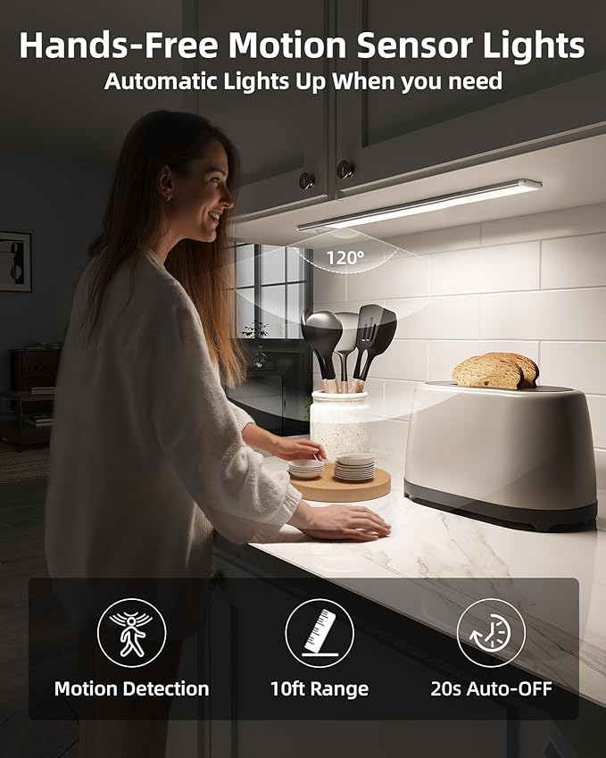 EZVALO 134 LED Under Cabinet Lights, 3200mAh Rechargeable Motion Sensor Light Indoor, Dimmable Magnetic Closet Lights with 3 Color Temps, Wireless Under Counter Lights for Kitchen, Stair (2 Pack)