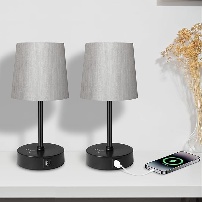 Ascher Small Bedside Table lamp, RGB Color Changing Lamps, 3 Color Temperatures Nightstand Lamps with USB C and A Ports, Touch Dimmable Desk Lamp for Bedroom Living Room(Grey Shade)