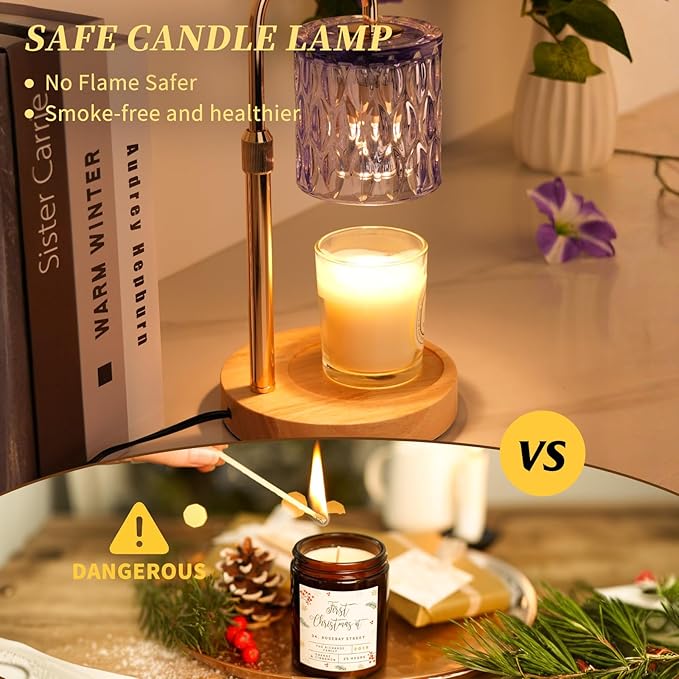 Candle Warmer Lamp with Timer and Dimmer, Height and Brightness Adjustable,Glass Electric Wax Warmer with 2 Bulbs for Women Mom Gifts, Home Decor for Scented Jar Candles (Purple)