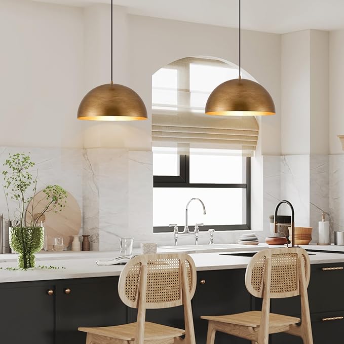 16" Dome Gold Pendant Light, Farmhouse Pendant Lights for Kitchen Island, Modern Adjustable Hanging Lamp for Dining Room Living Room Hallway Cafe Bar 2 Pack