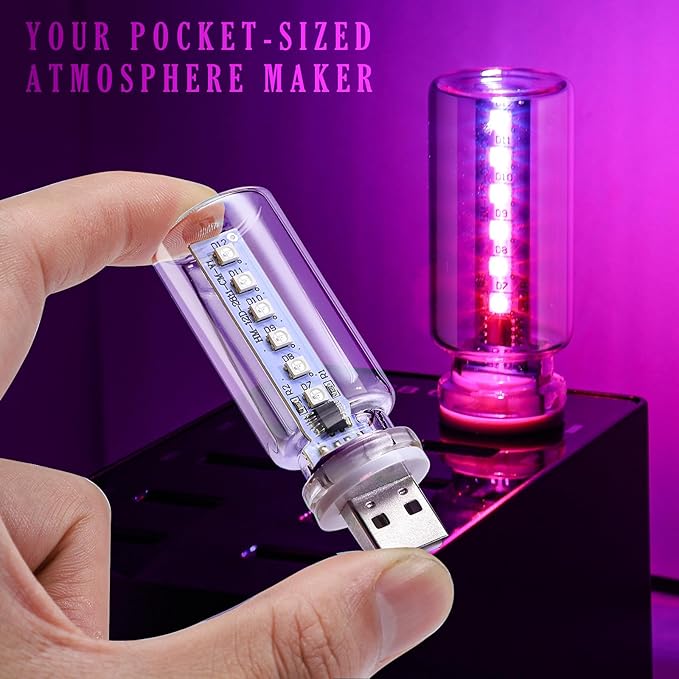 2PCS 13 in 1 USB Car Light, Plug in USB Interior Car Lights, Touch Control Mini Glass Bottle Night Lamp with 13 Modes & 7 Colors, Mini LED Bulb Night Light Ambient Lighting for Auto Bedroom Decoration