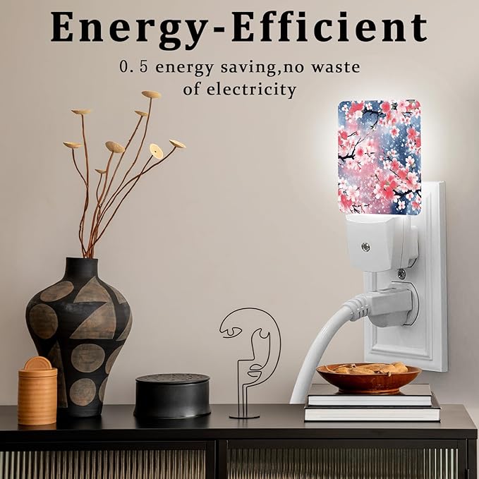 Cherry Blossoom Night Light, Plug-into Wall Winter Floral Nightlight Lamp with Dusk to Dawn Sensor, Led Lamp 0.5W Energy Efficient for Boys Girls Adults Home Decor