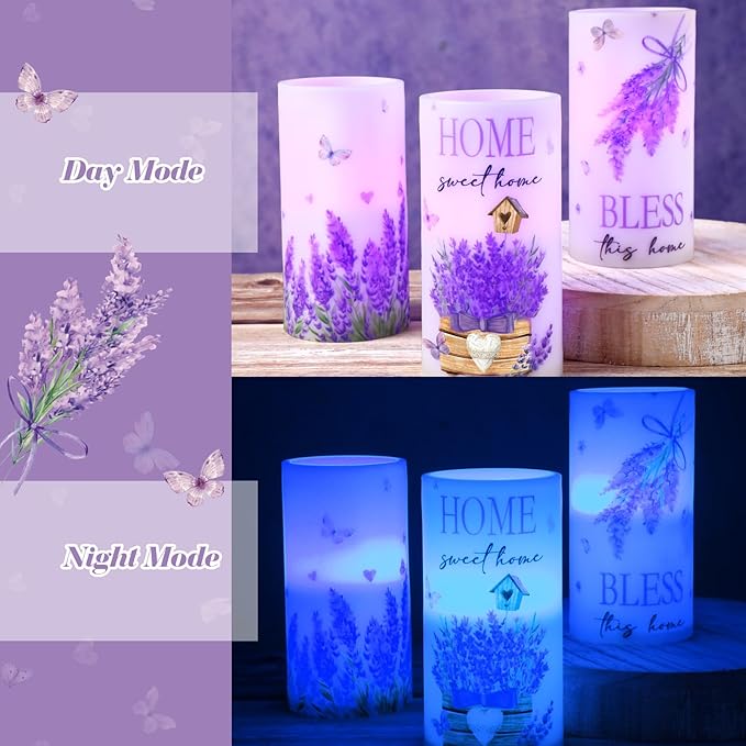 3 Pcs Purple Lavender Flameless Candles with Remote Color Changing Battery Operated LED Pillar Bless This Home Candles for Spring Lavender Easter Living Room Farmhouse Kitchen Decor