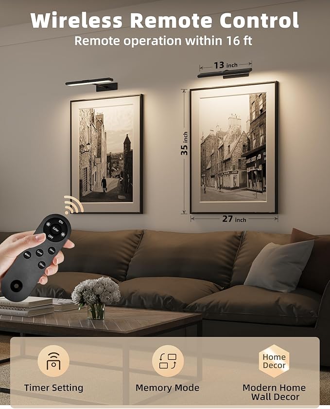 EZVALO Picture Light for Wall, 16'' Black Rechargeable 4800mAh Battery Lights Wireless Remote, Dimmable Magnetic LED Art Painting Light with 3 Color Temperatures, Display for Gallery, Living Room(2P)