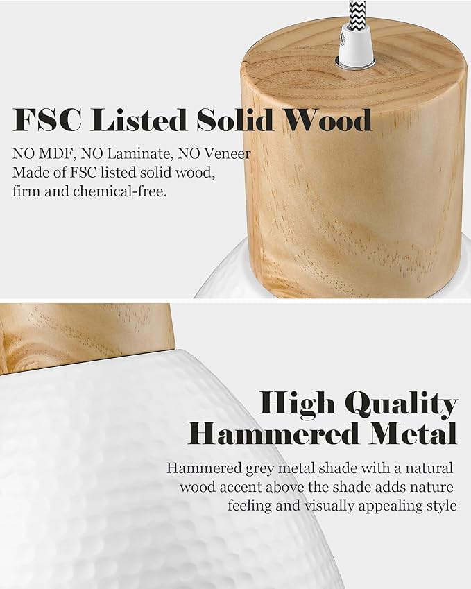 ELYONA 3 Pack White Hammered Pendant Lights for Kitchen Island 7” Nordic Solid Wood Hanging Light Fixtures, Modern Metal Pendant Light Fixtures for Bar, Dining Room, Bedroom, Hallway, Office, Small