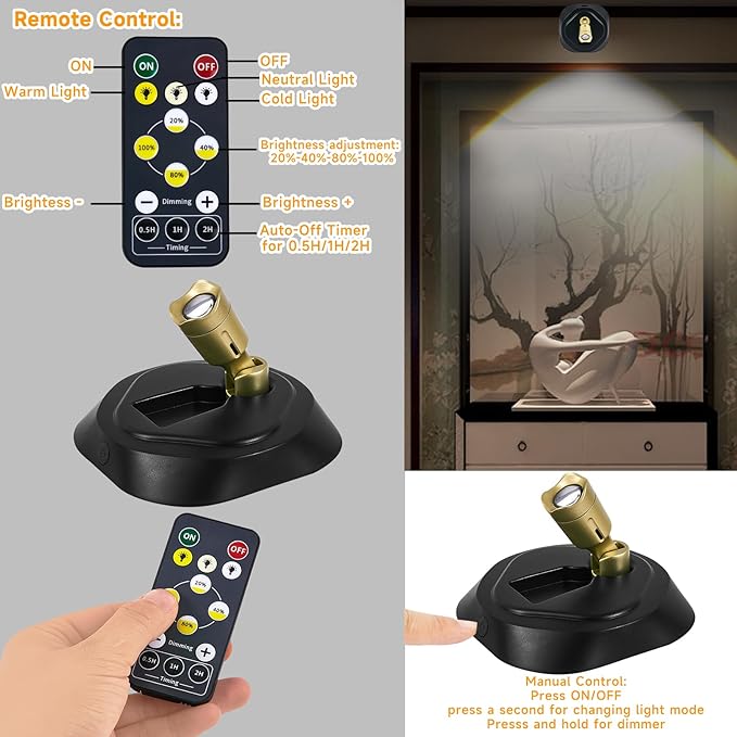 LED Spotlight with Remote, Battery Operated Picture Light Wall Lights Puck Light with Timer, Rechargeable Spot Lights with 3CTT, Dimmable Art Lights for Paintings,2 Pack
