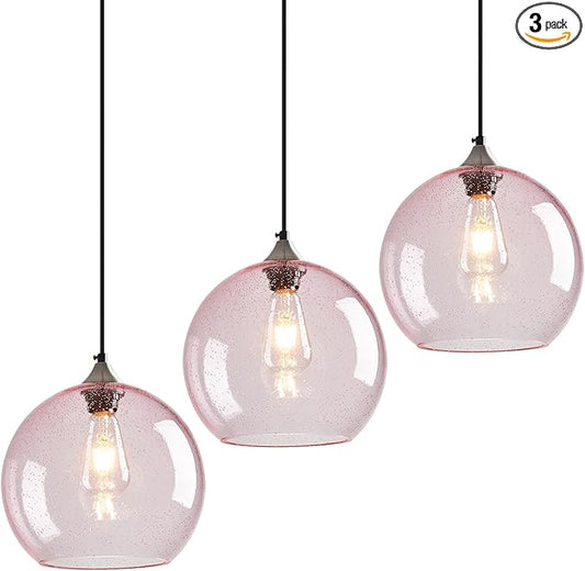 Pink Glass Pendant Lights Kitchen Island Globe Pendant Light Fixtures Modern Pendant Lighting for Bedroom Living Dining Room Light Fixture (9.84 in, 3 Pack)