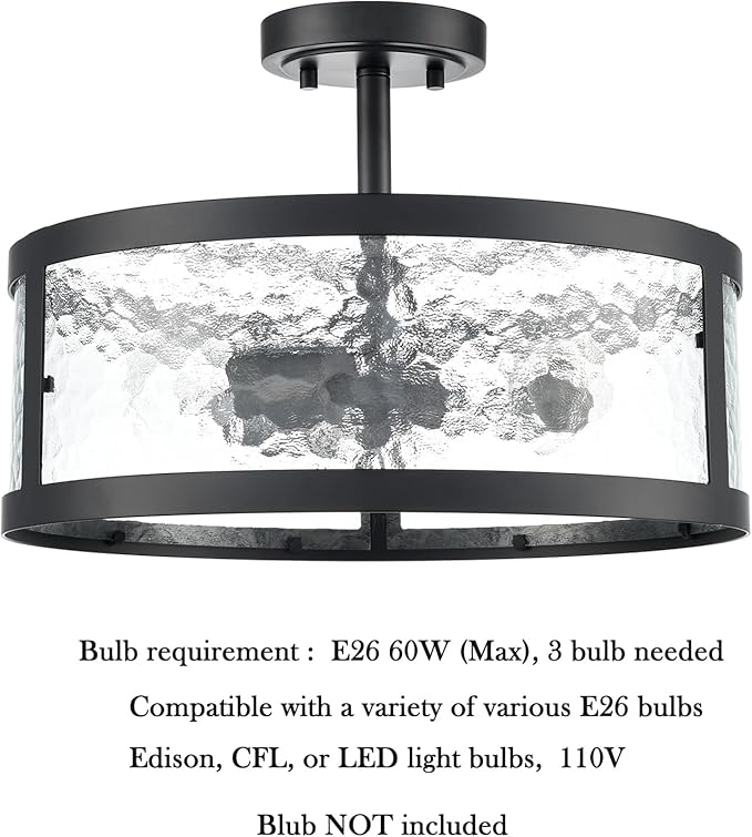 Industrial Black Semi Flush Mount Ceiling Light Harmmered Glass Farmhouse Ceiling Light Fixture 3-Light Ceiling Light for Bedroom Kitchen Bathroom Entryway Proch