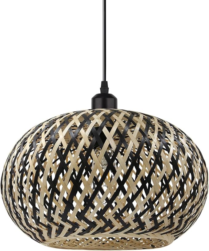 Island Pendant Light Black Natural Hand-Woven Bamboo Pendant Lights 1-Light Boho Light Fixtures Farmhouse Rustic Hanging Lamp for Living Room Dining Room Bedroom