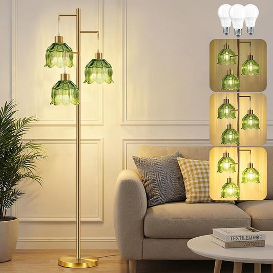 Floor Lamp for Living Room,Bedroom, Vintage 3 Light Standing Lamp Mid Century Modern Gold Tree Tall Floor Lamps Retro Floor Lights Green Glass Flower Lamp Shade Farmhouse Boho Bohemian