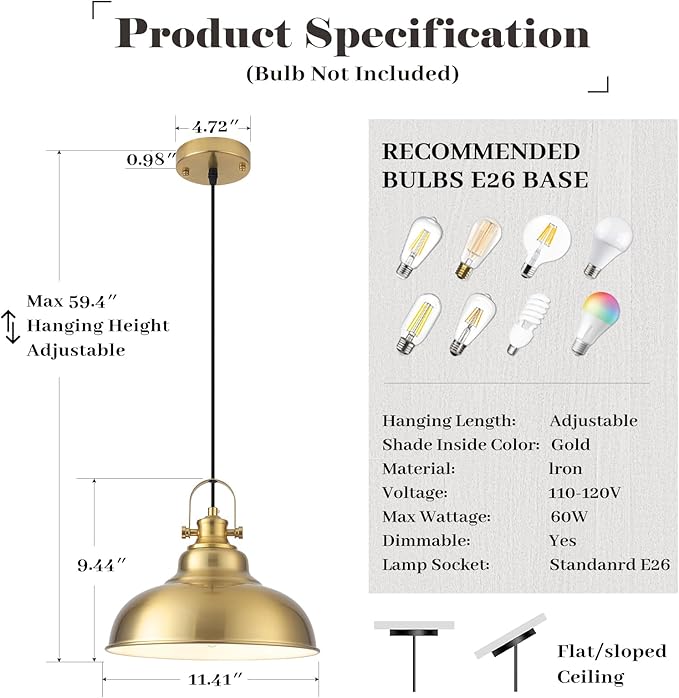 Gold Pendant Lights Kitchen Island, 11.41 Inch Dome Pendant Light, Farmhouse Pendant Lights, Kitchen Pendant Light for Kitchen Island, Dining Room, Living Room (1 Pack)