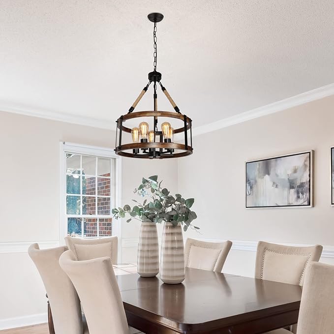 Rustic Wood Chandelier for Dining Room 5-Light, Kitchen Island Industrial Pendant Light Vintage Hanging Dining Room Farmhouse Light Fixtures