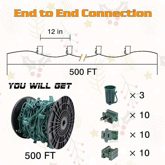 500FT C9 Outdoor String Light Stringer, E17 Light Socket 12" Spacing, C9 Christmas Stringer Set Spool Green Light String for Wedding Patio Event Lighting Decor, Green Wire