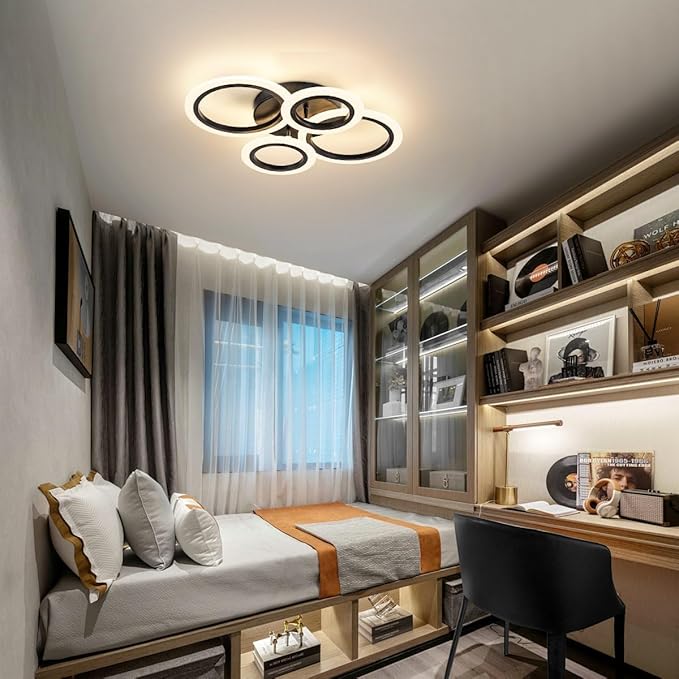 34W Modern LED Ceiling Light, 3000K-6000K Dimmable Ceiling Lighting Fixtures Ceiling Mount 4 Rings Black LED Chandelier Bedroom Lights Flush Mount with Remote for Kitchen, 2720LM