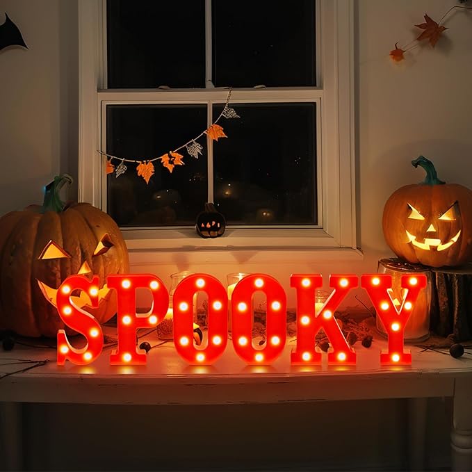 6 Pcs Halloween Decorations LED Spooky Signs Marquee Light up Letters for Table Wall Hanging Red Spooky Letters Lights Halloween Party Supplies for Porch Mantel Bedroom Tabletop