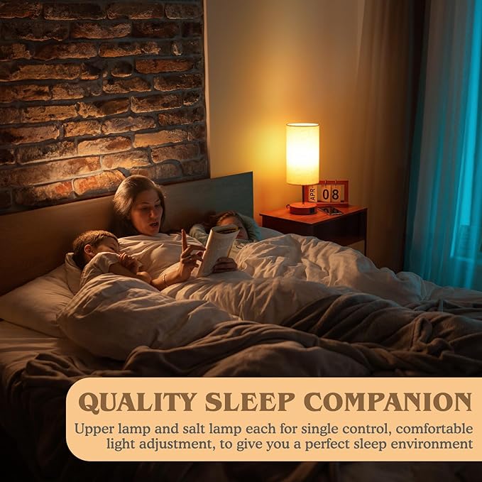 Bedside Table Lamp for Bedroom - 4 Way Dimmable Touch Lamp with USB and Type-C Charge Port,Small Wood Base Round Flaxen Fabric Shade Lamp Living Room,Bedroom Use (Yellow Base, 2Pack)