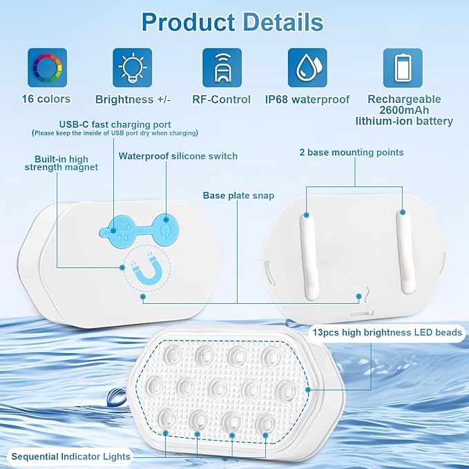 Pool Lights, Rechargeable Submersible LED Lights, Pool Lights for Inground Pool, IP68 Waterproof Lights 16 Color Chase Mode Underwater Light with Rechargeable Remote-8 Pack