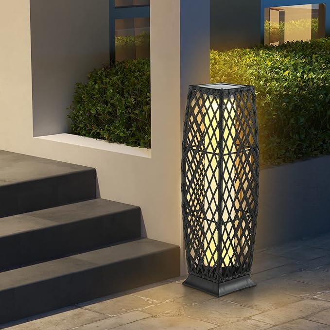 Tangkula 2 Pieces Outdoor Solar Powered Floor Lamps, IP65 Waterproof Wicker Floor Lamps with Auto On/Off LED Light, Outdoor Decor Lanterns for Garden Porch Pool Pathway Driveway (Diamond-Black)