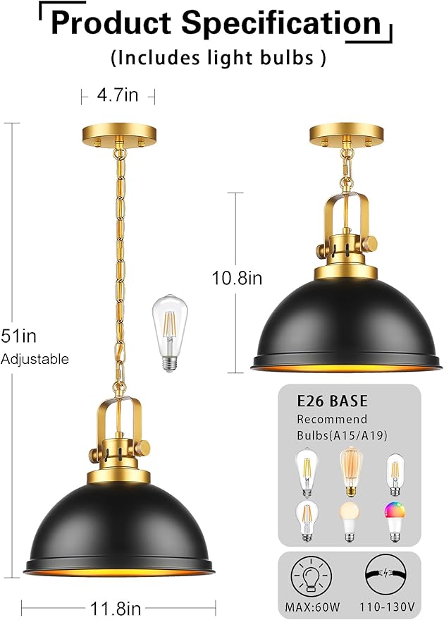 Farmhouse Black and Gold Pendant Lights Kitchen Island, Matte Black Dome Pendant Lighting Gold Vintage Metal Hanging Ceiling Light Fixture for Living Dining Room Restaurant Entrance Sink