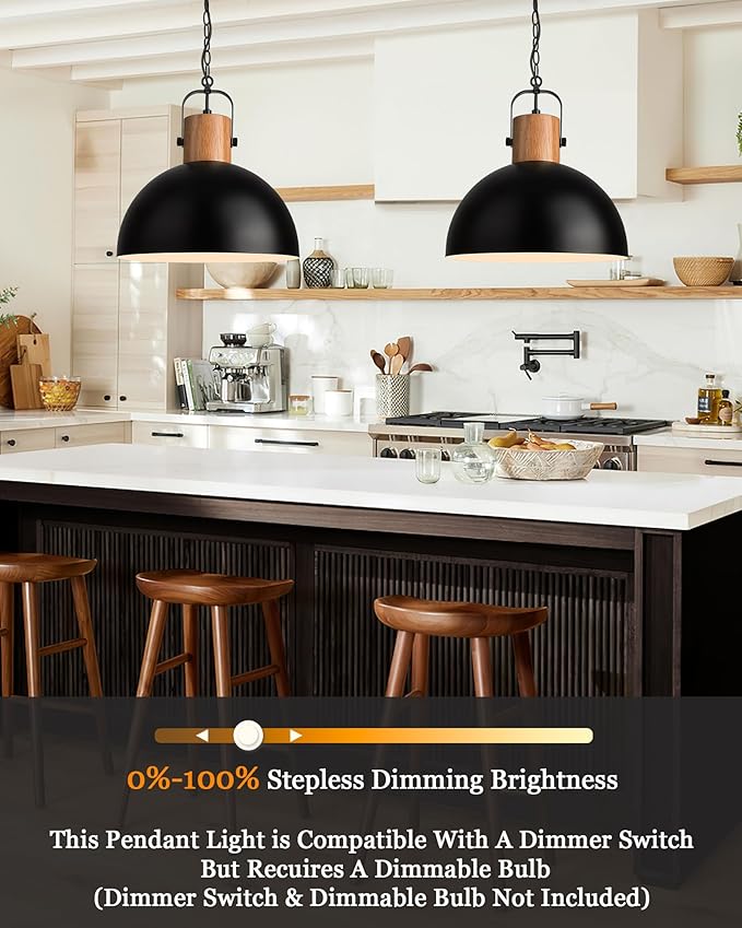 ELYONA Dome Pendant Light 16" Vintage Chandeliers Rubber Wood & Black Metal Hanging Lamp Adjustable Industrial Large Pendant Light Fixtures for Kitchen Island Farmhouse Dining Living Room Hallway