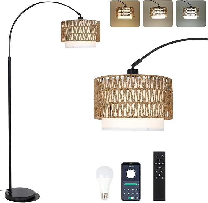 Arc Floor Lamp with Remote, Modern LED Floor Lamp with Dimmable Bulb, Boho Farmhouse Standing lamp with Fabric & Rattan Lampshades, Height Adjustable Black Tall Lamp for Living Room Bedroom