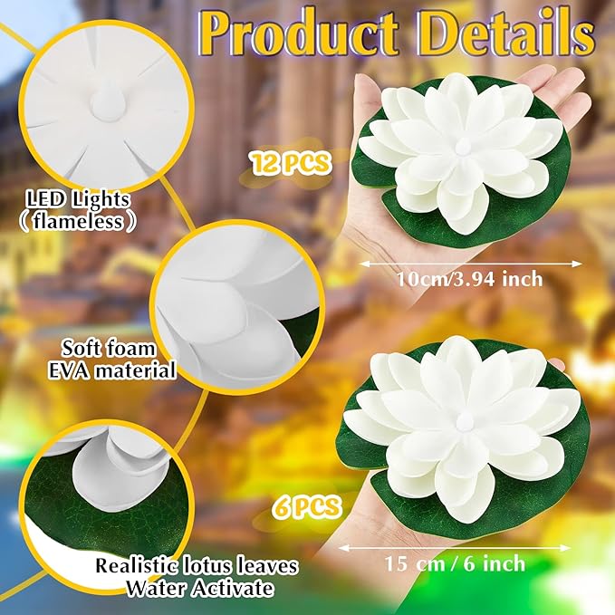 Hortsun 18 Pcs Floating Lotus Lights with Batteries Lily Pads Pool Flowers Floating Candles Decor Artificial Pond Plants Decorations for Pool Pond Outdoor Indoor (White,3.94/5.91 Inch)