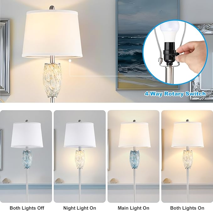 Modern Floor Lamp for Living Room, Bedroom, Stained Glass Coastal Lamp for Living Room Decor, Mid Century 65" Tall Standing Lamp with Nightlight, Corner Stand Up Light (Bulb Included)