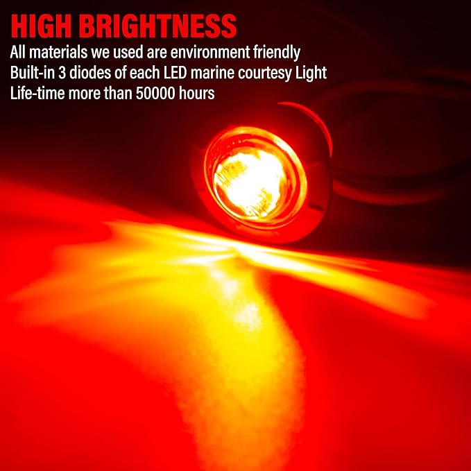 ALFU 10PCS Red 3/4" 12V LED Boat Interior Lights Marine Navigation Lights Clearance Marker Lights Round Bullet Side Indicator Lamps for Truck, Trailer, RV, Van, Boat, Bus, Caravan