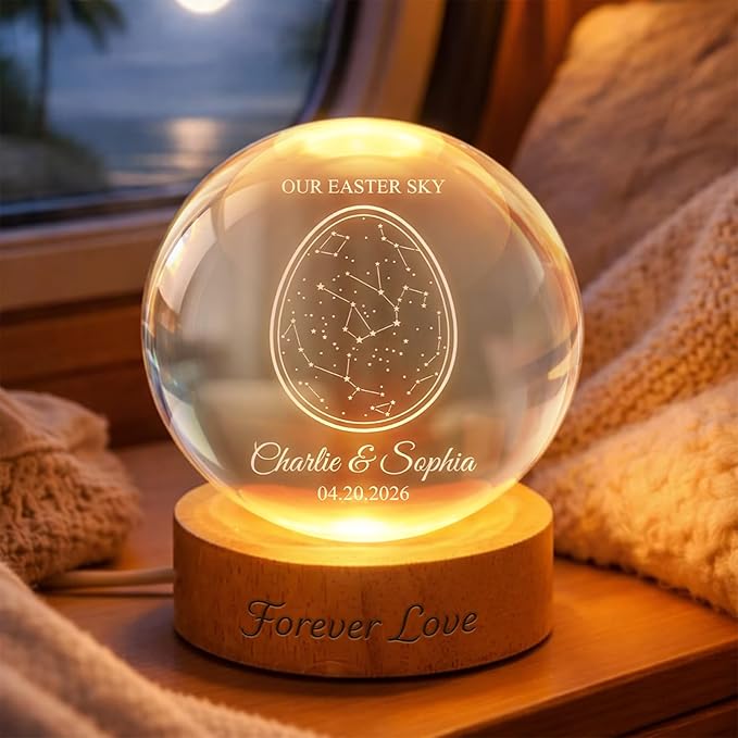 Personalized Our Easter Sky Crystal Ball LED Night Light, Custom Couple Name Constellation Glass Globe Lamp with Date, Romantic Easter Keepsake Gift for Anniversary Wedding Decor