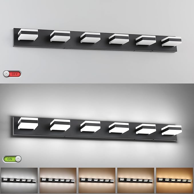 SOLFART Bathroom Light Fixtures, 5 Color Temperature Modern Vanity Lights, Black 6 Lights LED Lighting Light Color Adjustable 5CCT