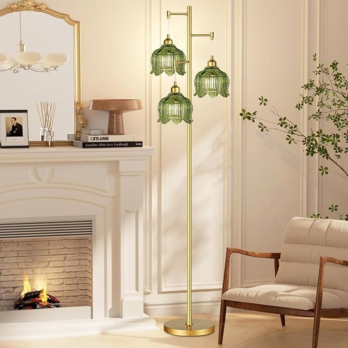 Gold Floor Lamp for Living Room,Bedroom,Mid Century Modern Standing Lamp Brass Tree 3 Light Tall Floor Lamps Vintage Retro Floor Lights Glass Green Flower Lamp Shade Farmhouse Boho Bohemian