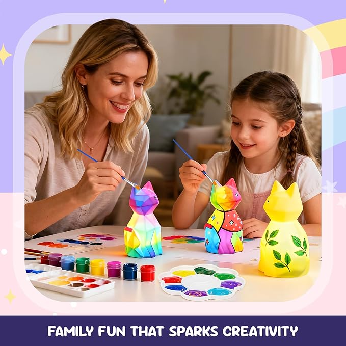 2Pcs Paint Your Own Cat Lamp Kit,DIY Cat Crafts Night Light,Art Supplies Painting Kits for Kids Age 4 5 6 7 8 9 10 11 12+, Creative Birthday Easter Halloween Christmas Gifts for Girls Boys