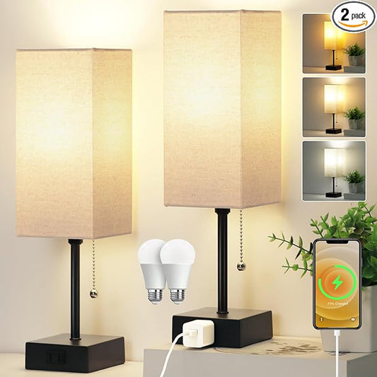 15'' Table Lamp for Bedroom set of 2,3-Color Bedside Lamps with Pull Chain Table Lamps for Night stands with AC Outlet,Small Night Light Lamps with 2 Bulbs Lamps for Living Room Kids Room Office Decor