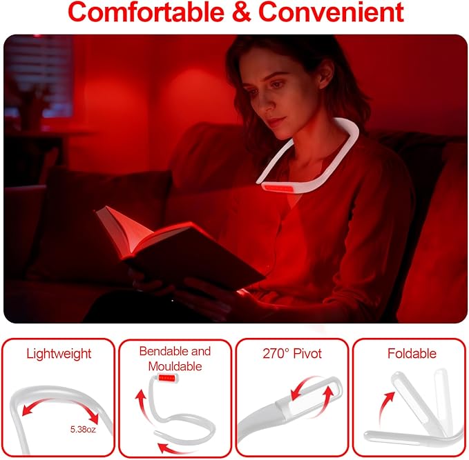 630nm Red Neck Reading Light - Zero Blue Light, Rechargeable Dimmable Portable LED Red Neck Book Lamp for Reading, Crafts, Crochet at Night, Ideal Gift for Readers and Craft Lovers（White