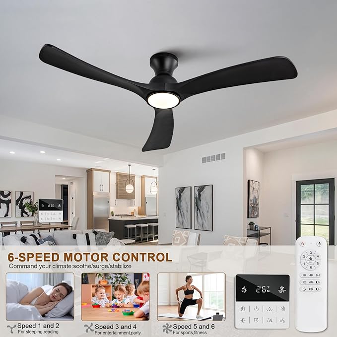 Black Ceiling Fans with Lights Flush Mount,52 inch Solid Wood,Remote Control,Wall Switch,Dimmable,Reversible,Noiseless,Power Off Memory Modern Ceiling Fan Low Profile for Bedroom Indoor/Outdoor