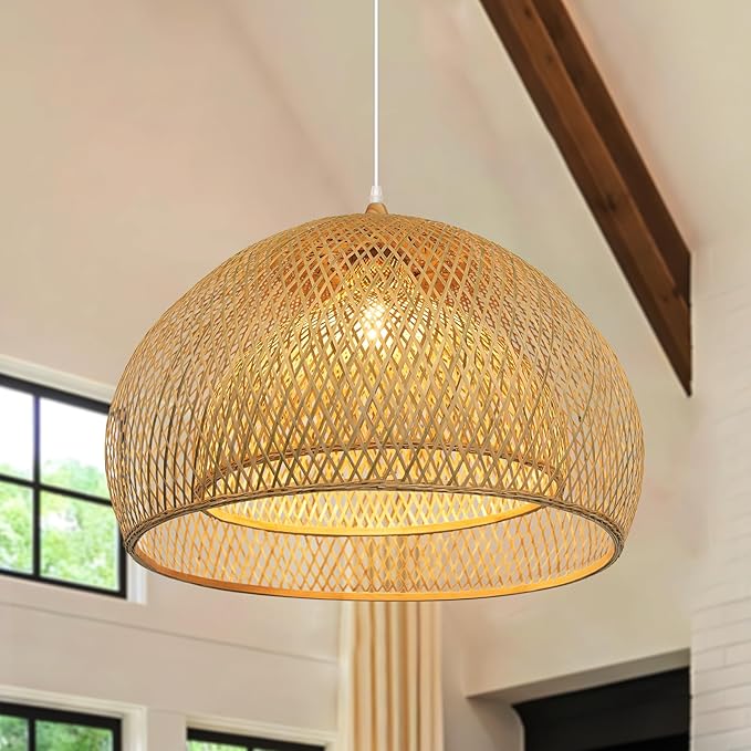 Arturesthome Bamboo Pendant Light for Kitchen Island, 17.6" Wicker Chandelier Lighting, Handmade Woven Hanging Ceiling Light Lampshade for Living Room Bedroom