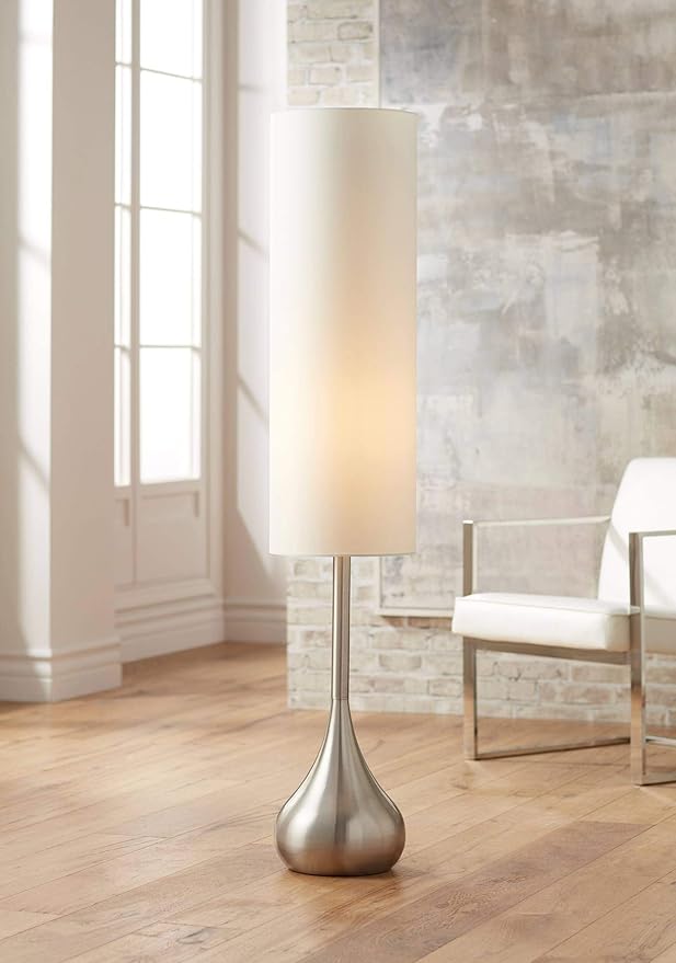 Possini Euro Design Modern Mid Century Modern Droplet-Shaped Floor Lamp 62" Tall Brushed Nickel Silver Metal Cotton Blend Cylinder Drum Shade Decor for Living Room Reading House Bedroom Home
