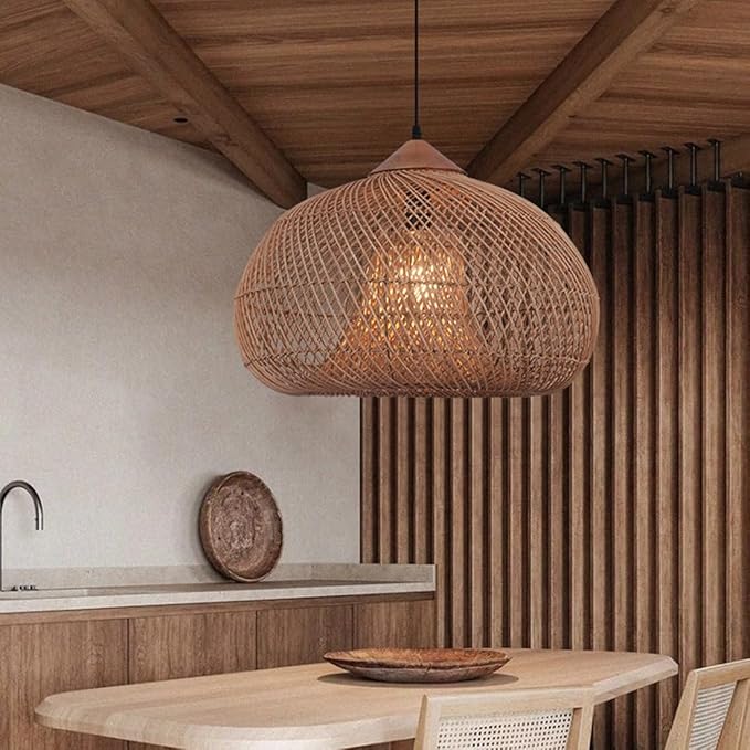 Large Pendant Light, 19.7inch Vintage Rattan Chandelier Hand Woven Farmhouse Ceiling Hanging Lighting Fixture for Kitchen Island Dining Room Living Room