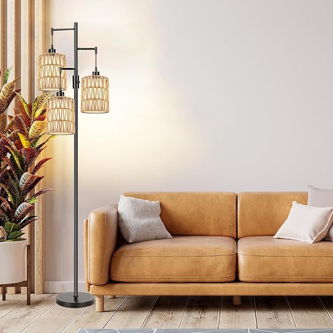 Boho Floor Lamp for Living Room Bedroom-3 Light Dimmable Floor Lamp with Three Led Bulb, Rustic Tall Lamp Black Standing Lamp Tree Floor Lamps for Living Room Bedroom,Office,Corner