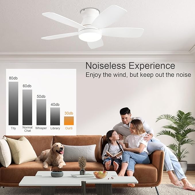 Ceiling Fans with Lights, 42 Inch Low Profile Ceiling Fan with Light and Remote/App Control, Flush Mount, Reversible, 3CCT, Dimmable, Noiseless, White Ceiling Fan for Indoor/Outdoor Use