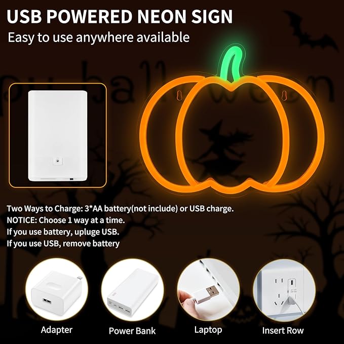 MissAudrey 2Pcs Halloween Orange Pumpkin Neon Sign Lights, Neon Sign Hanging for Wall Decor, Cute Vintage Fall Thanksgiving Decor for Table Kitchen Bedroom Living Room Bar Pub Club Party, Indoor Battery Operated or USB