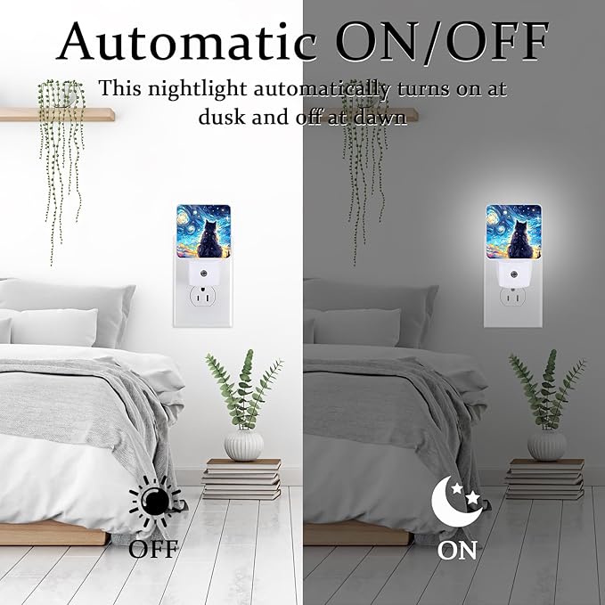 Black Cat Night Light, Plug-into Wall Starry Night Nightlight Lamp with Dusk to Dawn Sensor, Led Lamp 0.5W Energy Efficient for Boys Girls Adults Home Decor