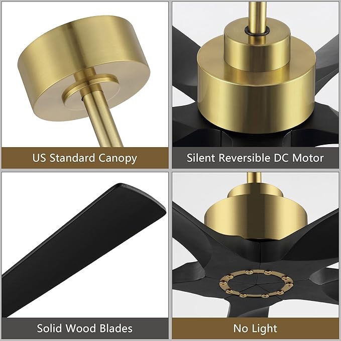 ELEHINSER 60 Inch Modern Ceiling Fan without Light, 5 Solid Wood Blades 6-Speed Noiseless Reversible DC Motor, Ceiling Fan with Remote Control for Bedroom Living Room, Gold Finish with Black Blades